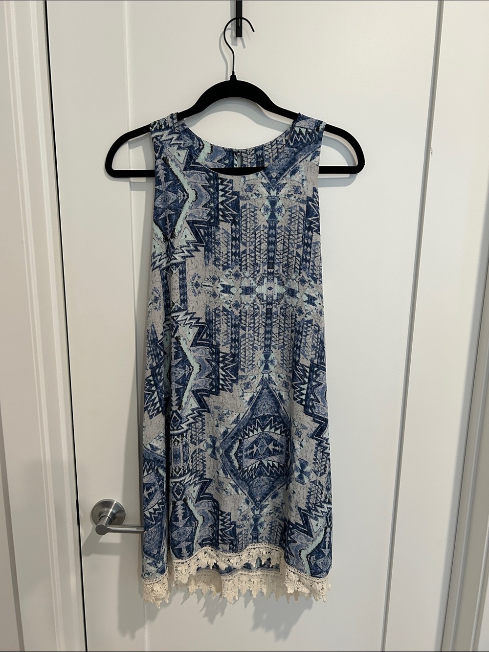 everleigh Blue Aztec Print Sleeveless Dress with Cream Lace Trim